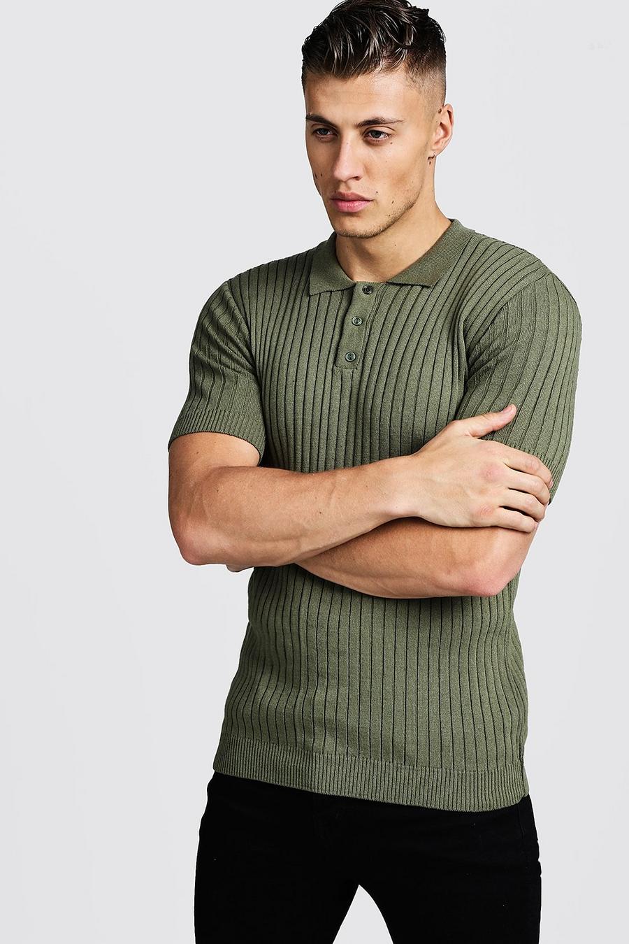 Khaki Muscle Fit Ribbed Knitted Polo image number 1