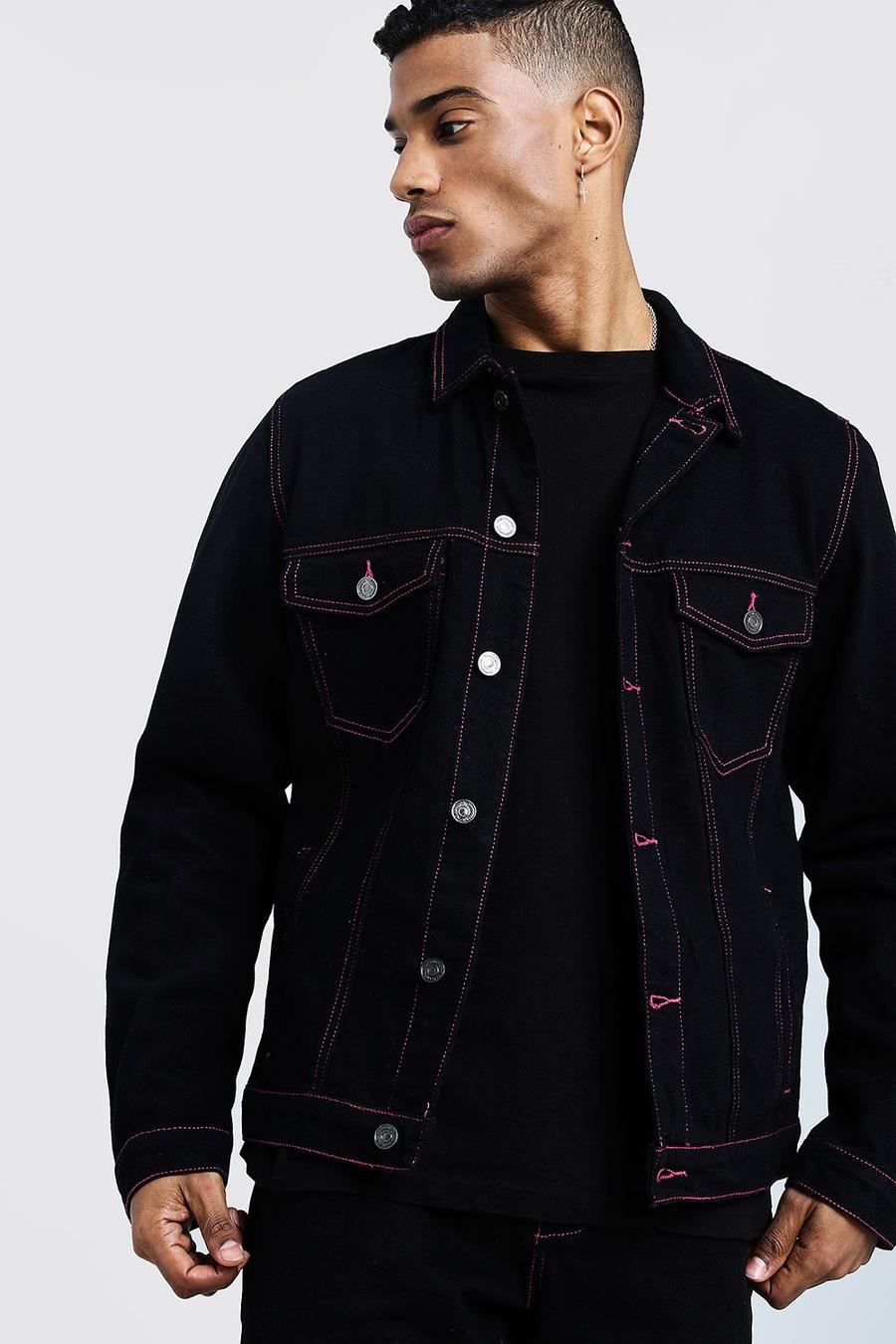 Black Denim Jacket With Contrast Neon Topstitch image number 1