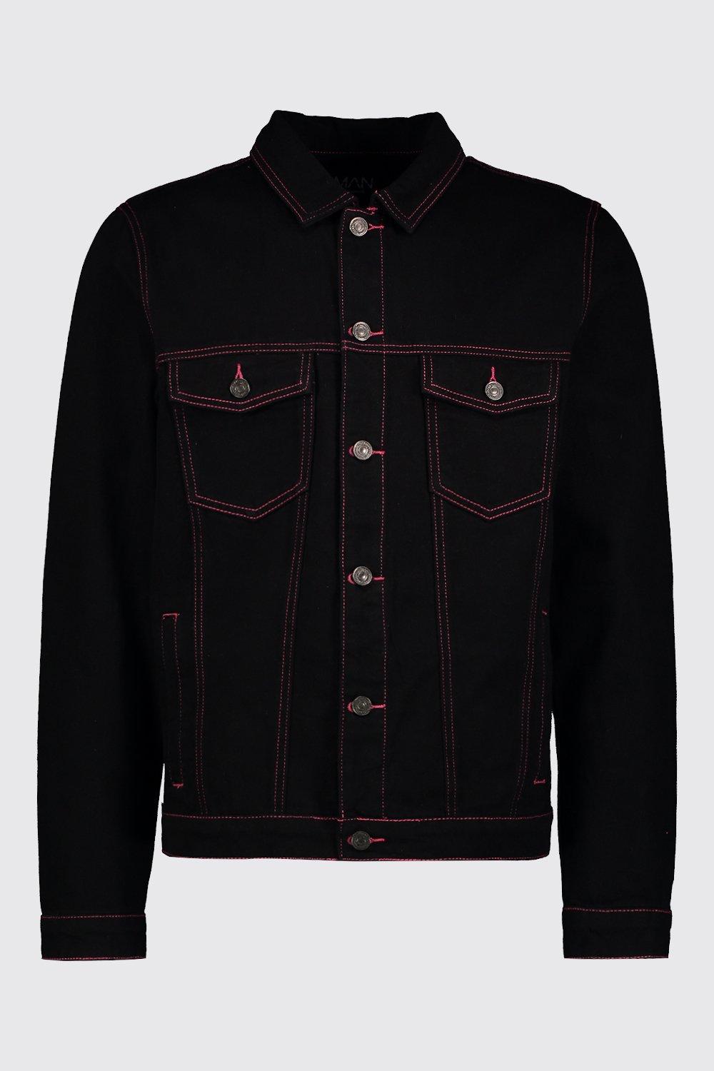 Mens Red Contrast Stitch Denim Jacket