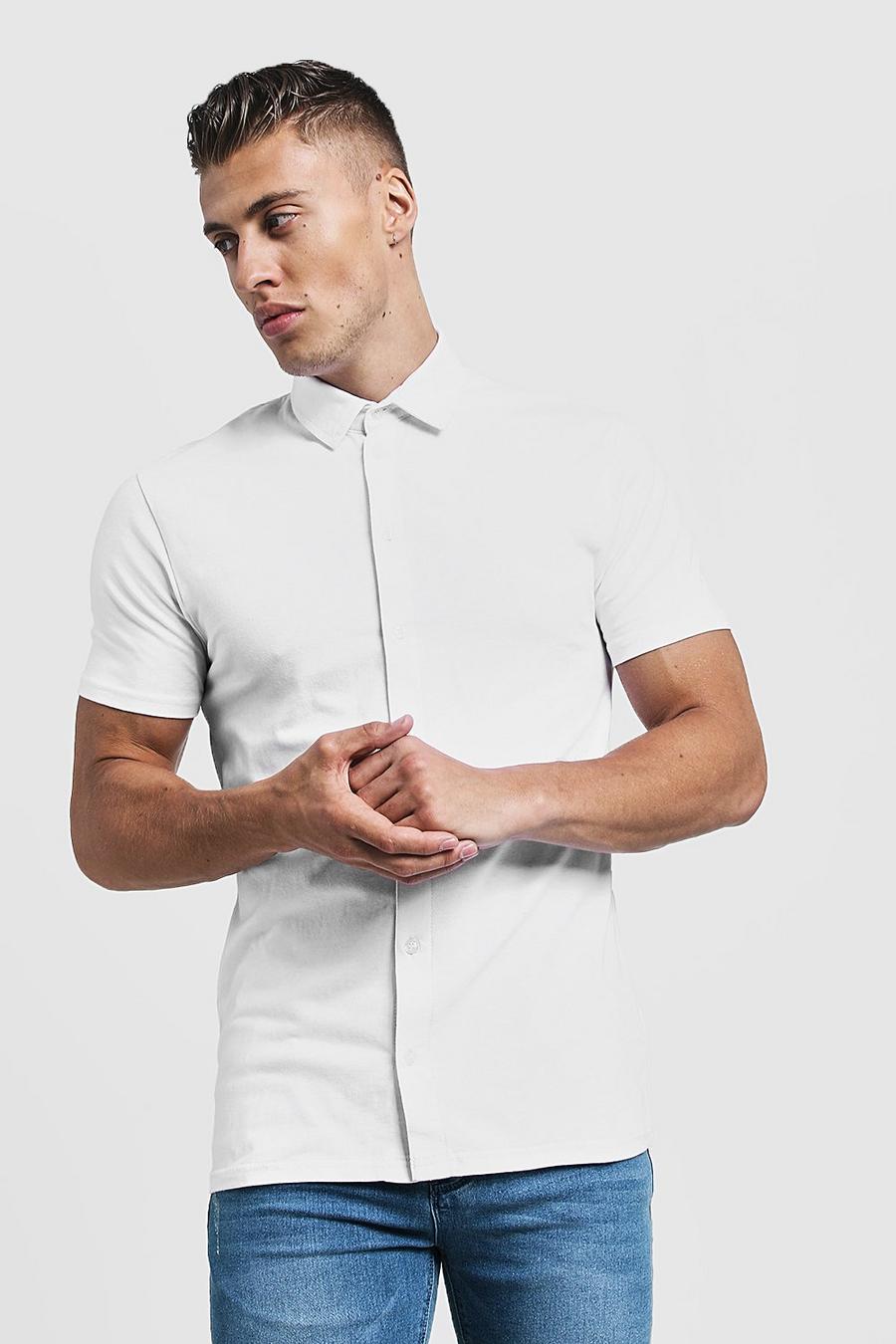 Kurzärmeliges, körperbetontes Jersey-Hemd, Weiß image number 1