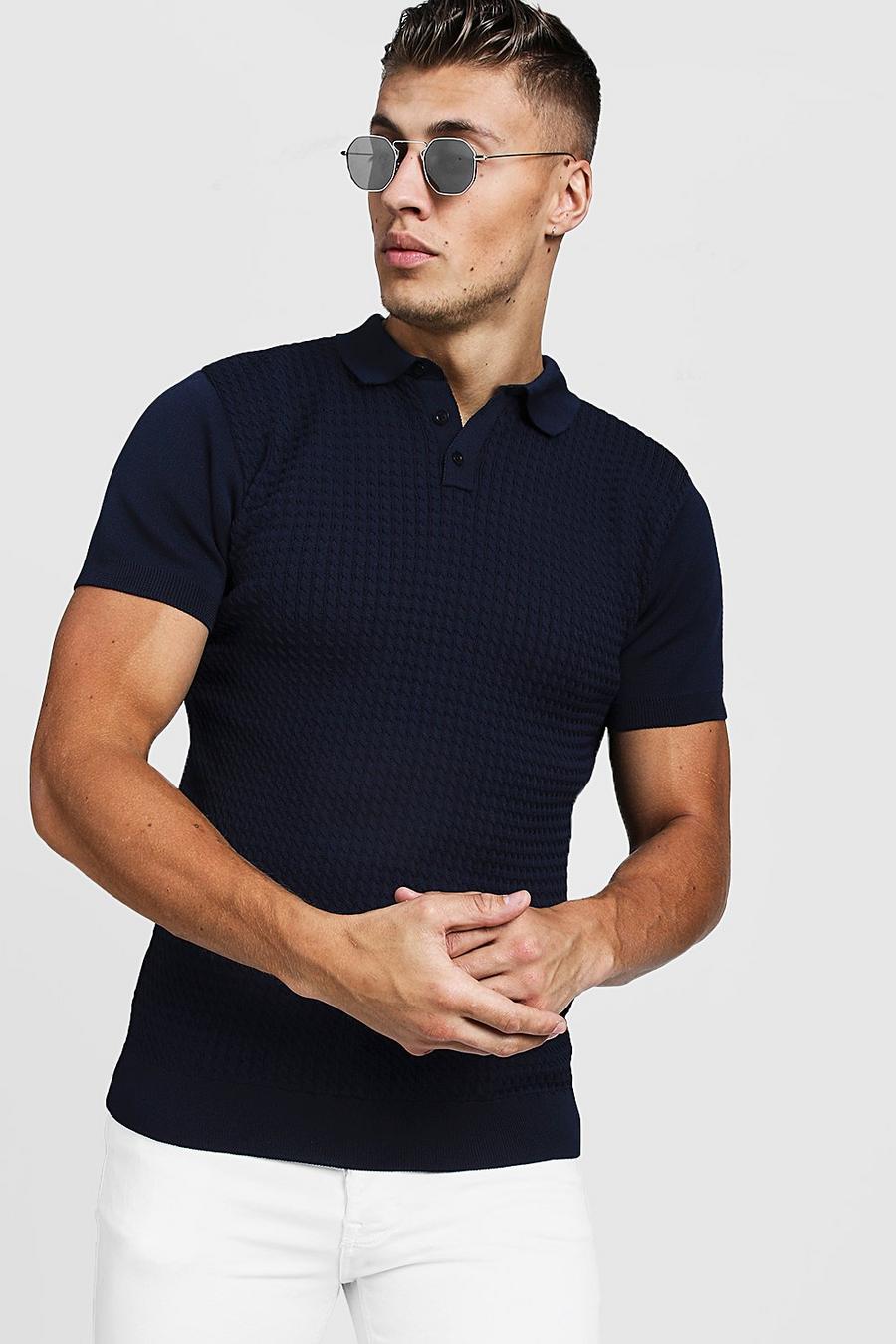 Navy Muscle Fit Cable Knit Polo image number 1
