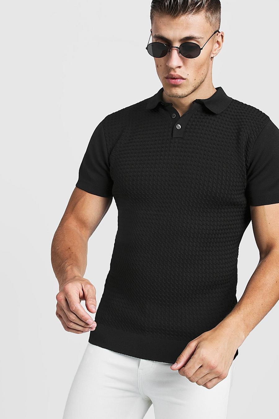 Black Muscle Fit Cable Knit Polo image number 1