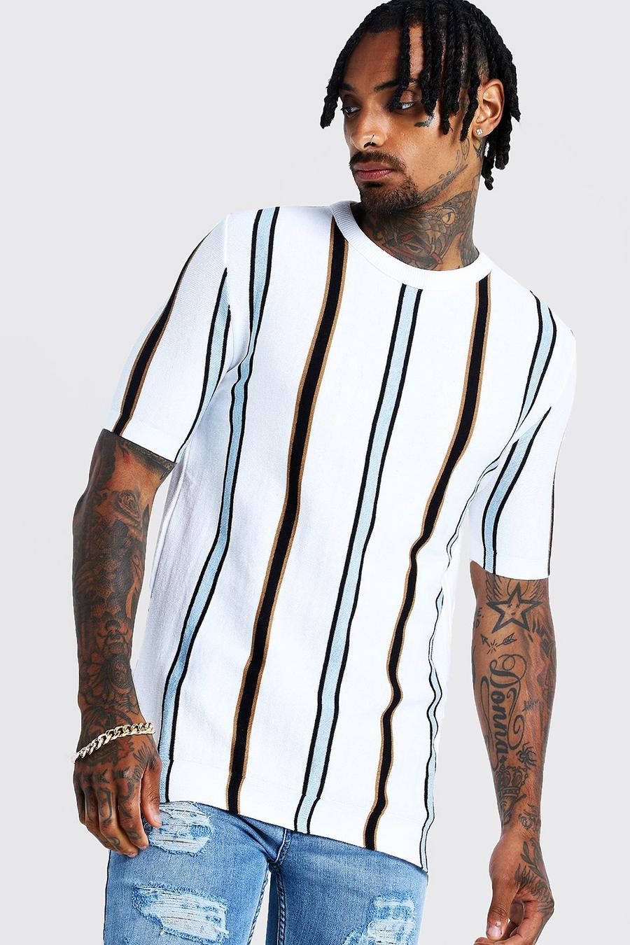 Ivory Knitted T-Shirt With Vertical Stripe image number 1