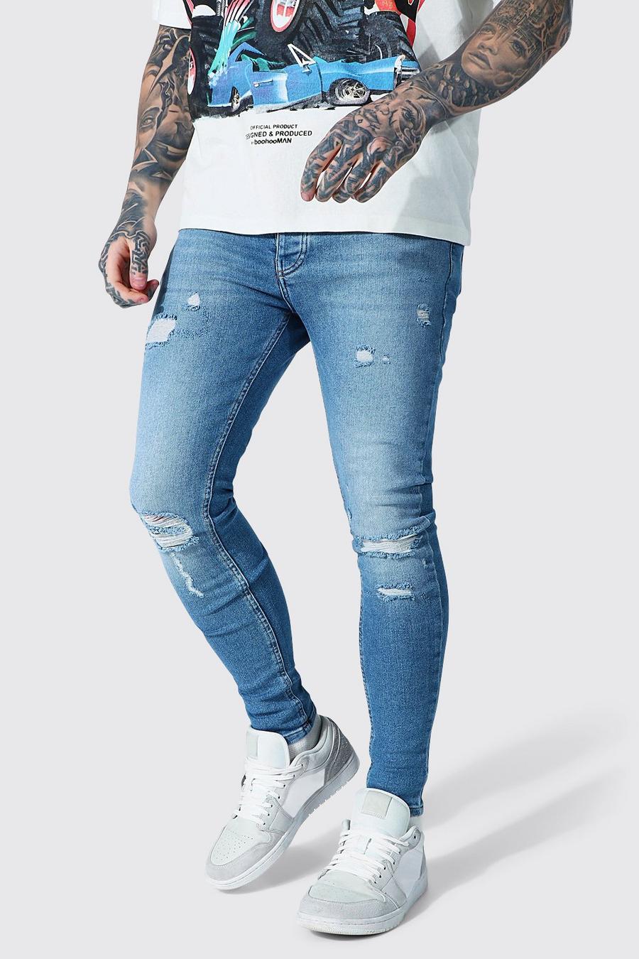 Mid blue Super Skinny Knee Slash Distressed Jeans image number 1