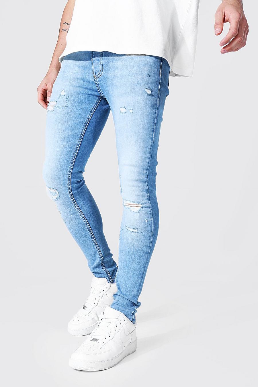 כחול קרח ג'ינס סופר סקיני עם קרעים מרובים image number 1