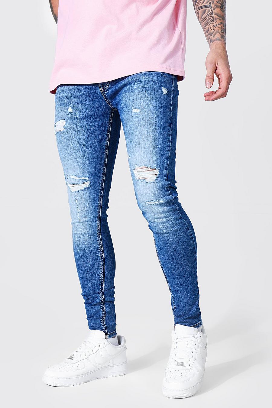 כחול ביניים ג'ינס סופר סקיני עם קרעים מרובים image number 1