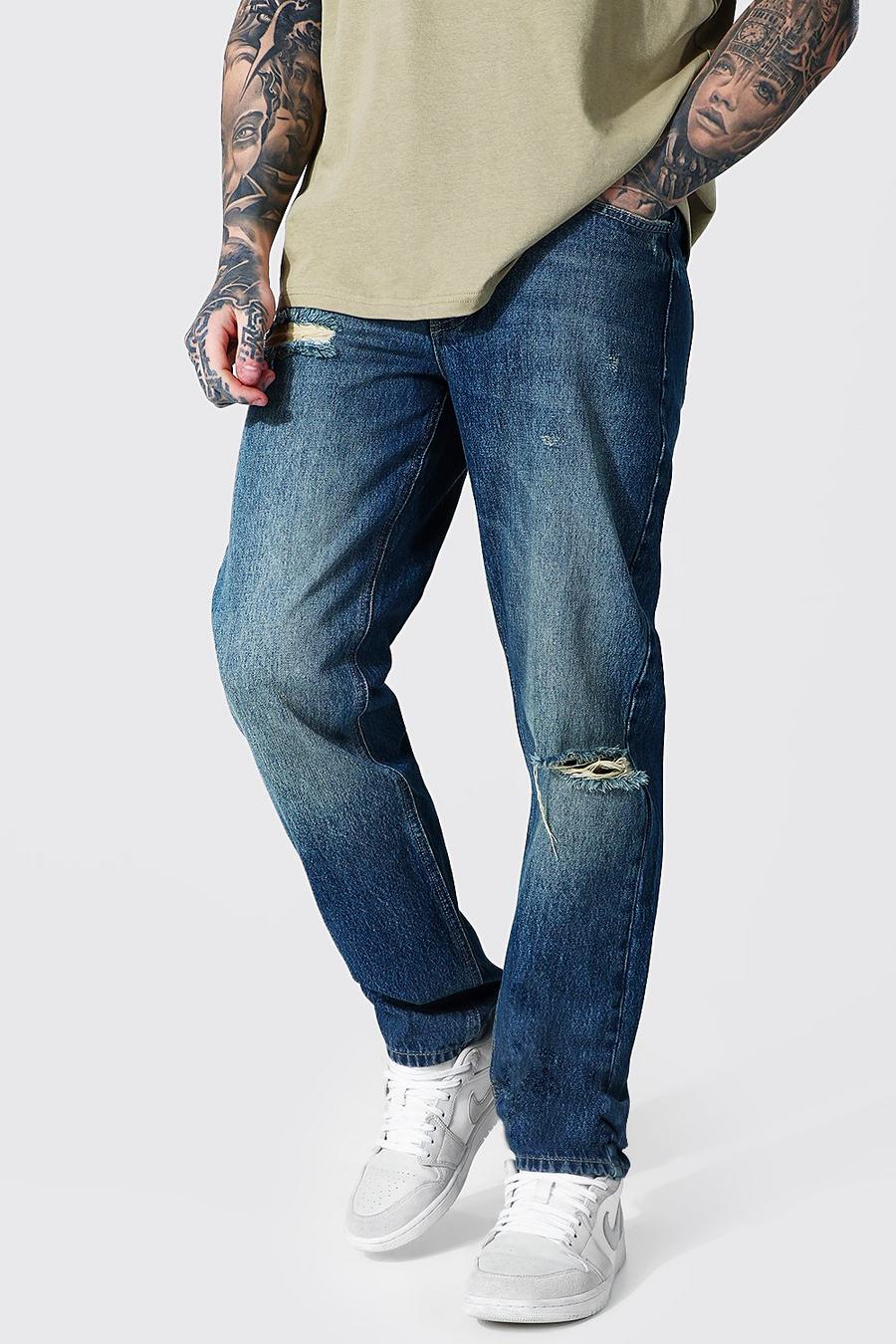 כחול וינטג' ג'ינס בגזרה משוחררת עם שסעים בברכיים image number 1