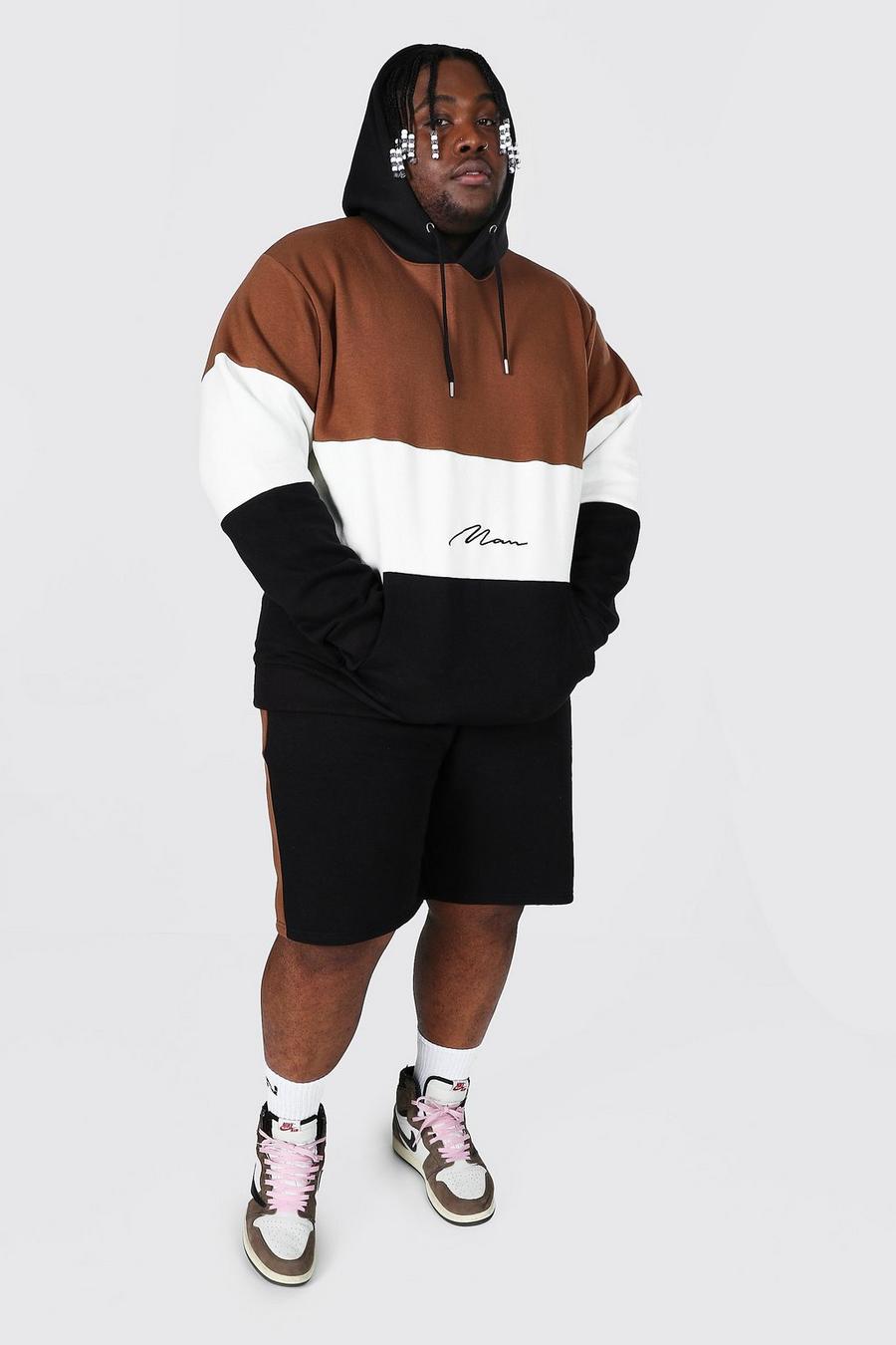 Black Plus Size Colour Block Man Trainingspak Met Shorts image number 1