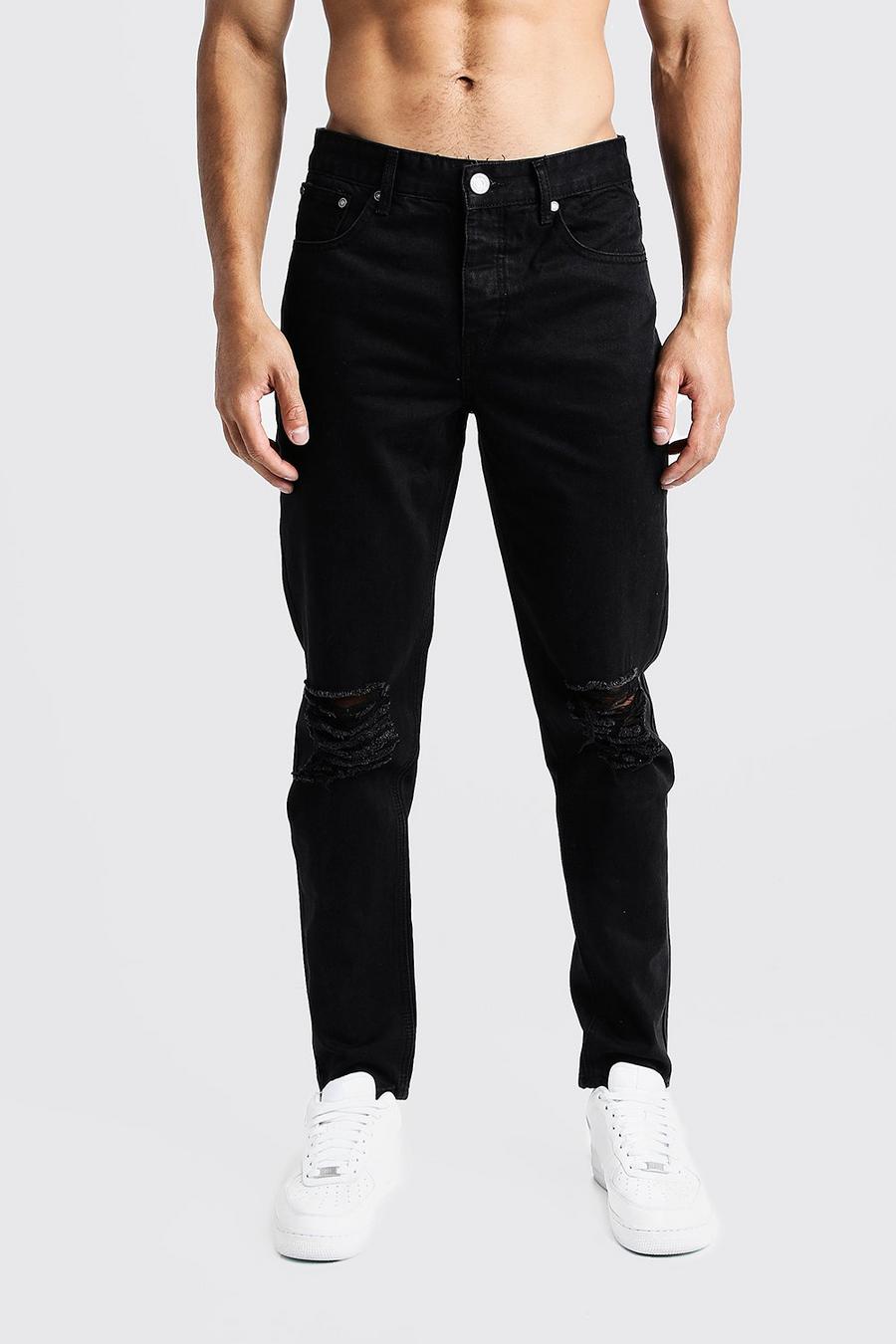 Tapered Fit Denim Jeans With Ripped Knee image number 1