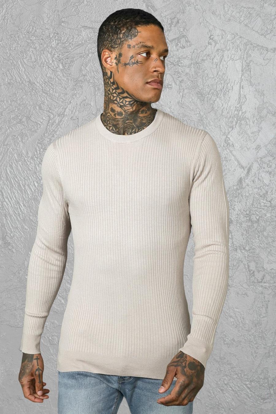 Taupe Muscle Crew Neck Ribbed Jumper image number 1