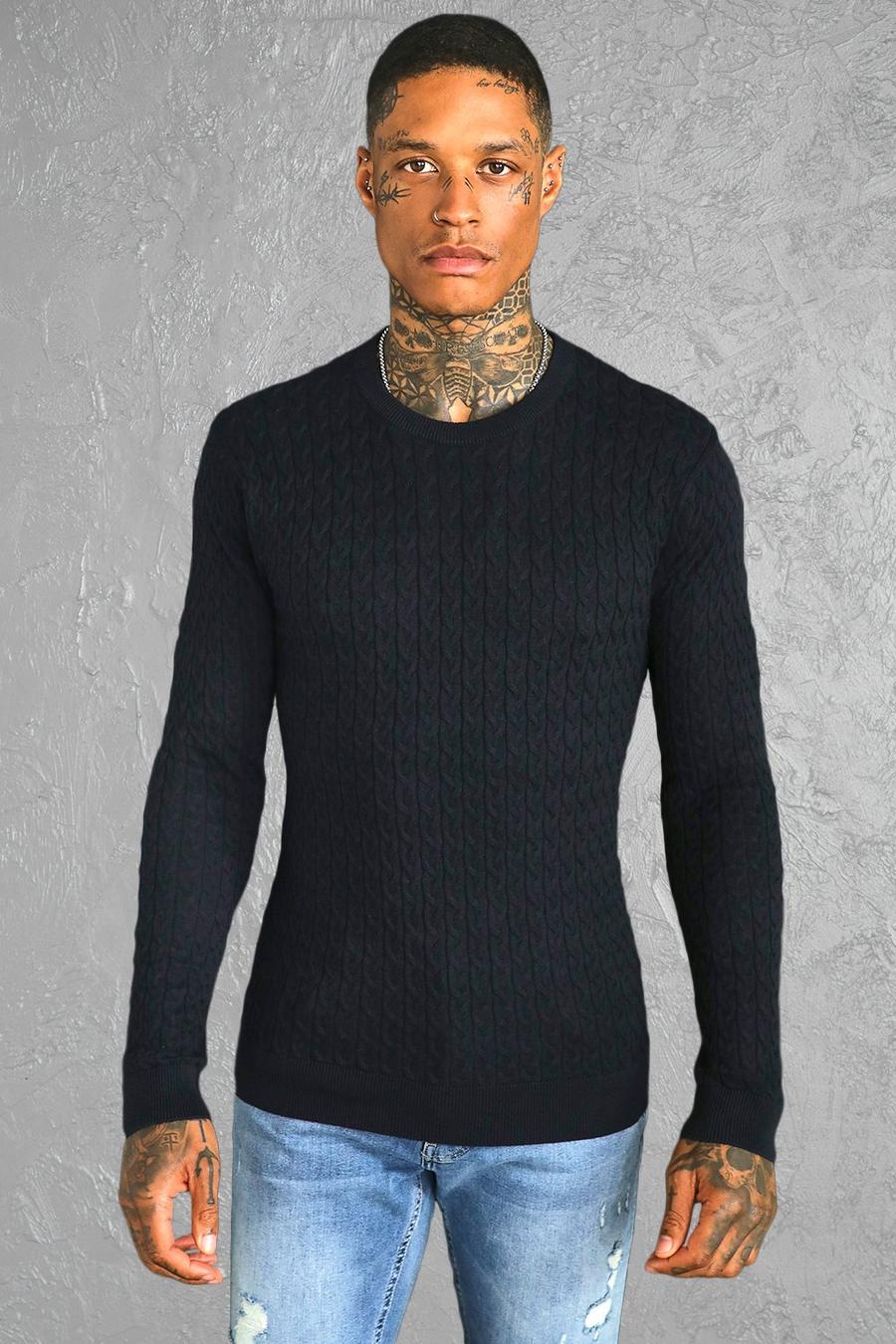 Black Cotton Muscle Crew Neck Cable Jumper image number 1