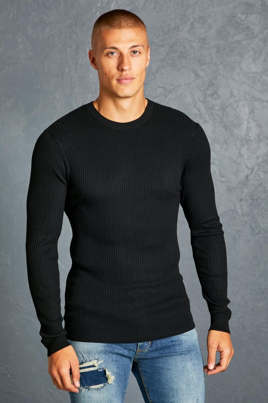 שחור סוודר ארוג בגזרה צמודה מבד ממוחזר עם צווארון עגול image number 1