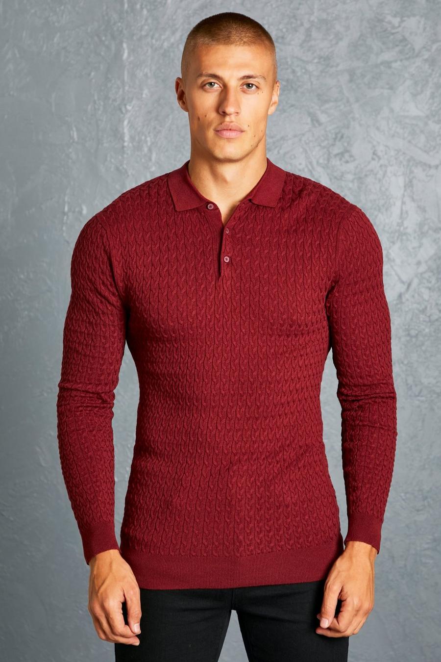 Burgundy Muscle Long Sleeve Cable Polo image number 1