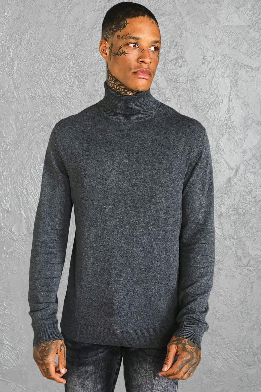 Maglione Regular Fit in maglia riciclata con collo alto morbido, Charcoal grigio