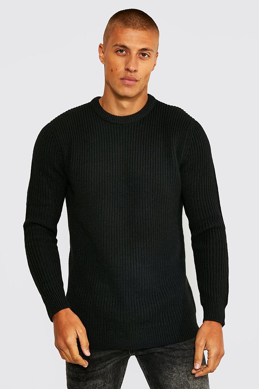 Maglione a girocollo in maglia stile pescatore, Black image number 1