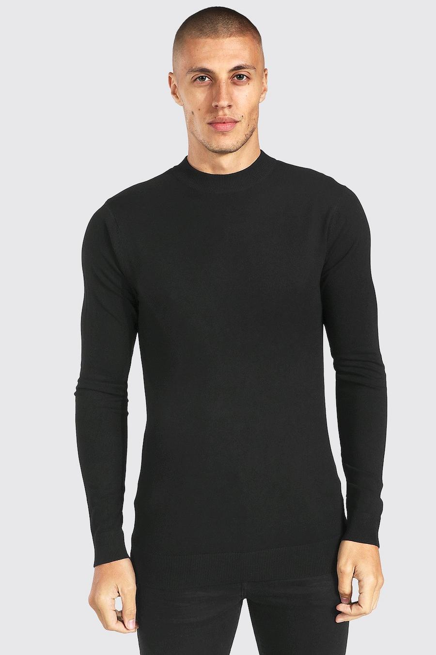 שחור סוודר בגזרה צמודה מבד ממוחזר עם צווארון גולף image number 1