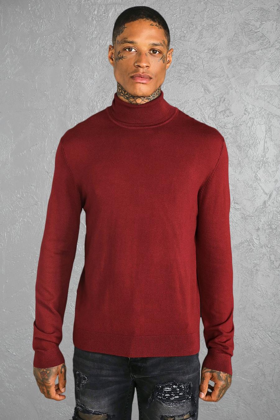אדום בורגונדי סוודר בגזרה רגילה מחומרים עם צווארון נגלל image number 1