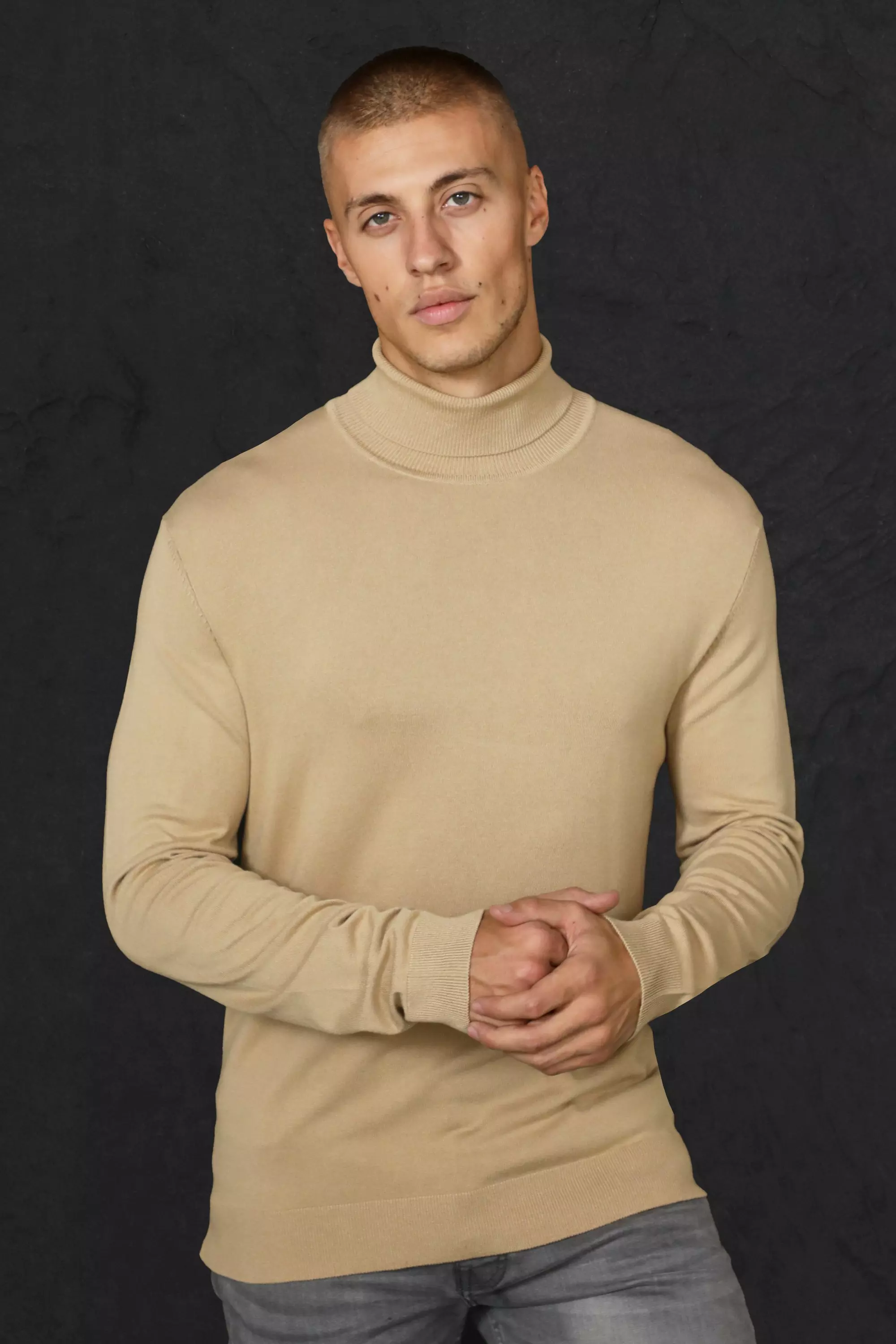 Mens beige roll neck jumper sale