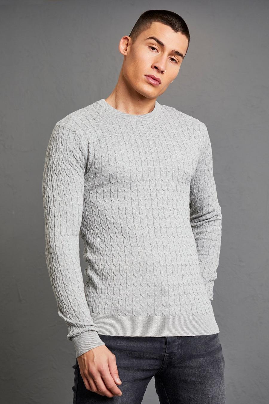 Grey marl Cotton Muscle Crew Neck Cable Jumper image number 1
