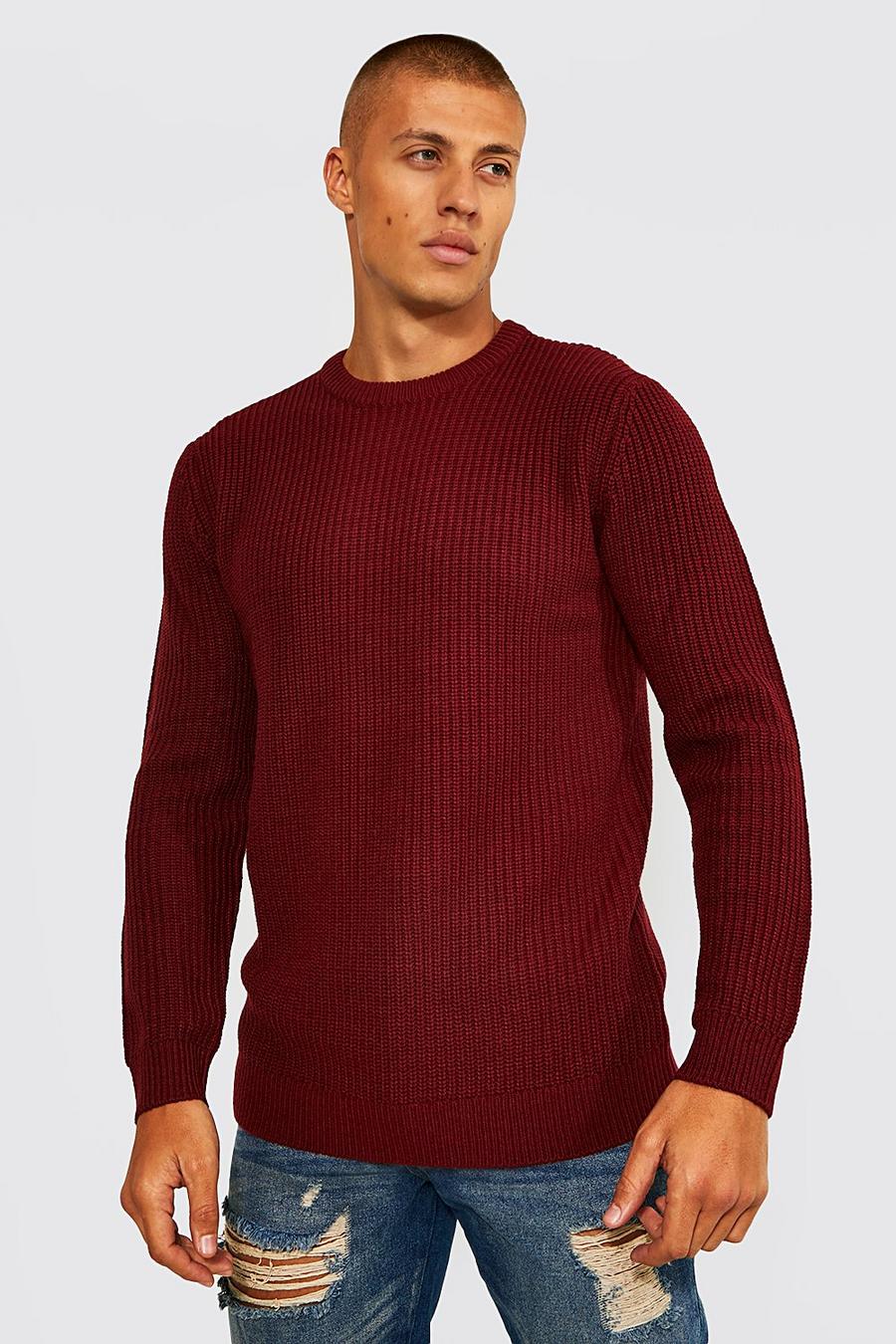 Maglione in maglia stile pescatore a girocollo, Burgundy image number 1