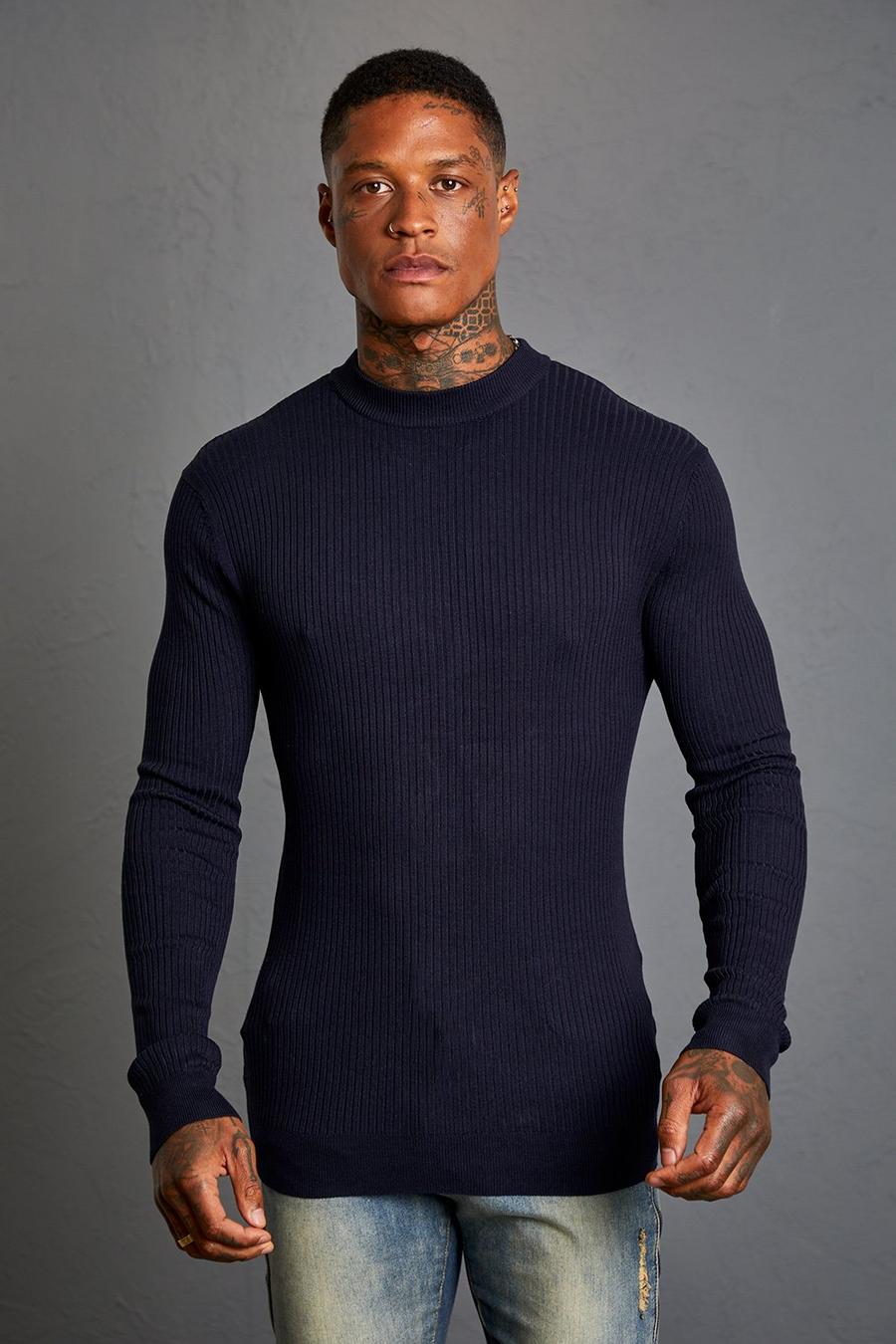 Navy Muscle Turtle Neck Ribbed Jumper image number 1