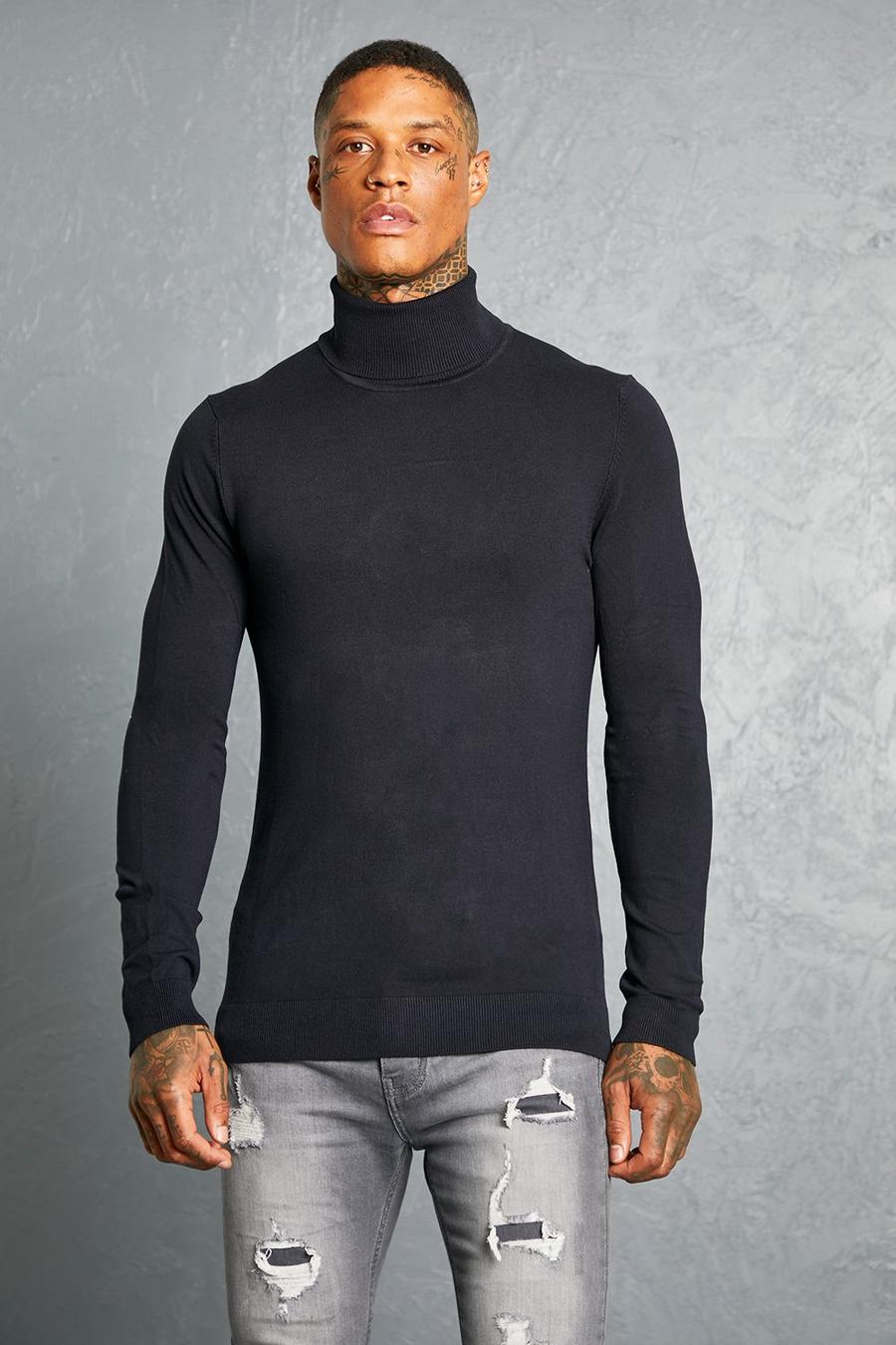 Navy Muscle Roll Neck Jumper image number 1