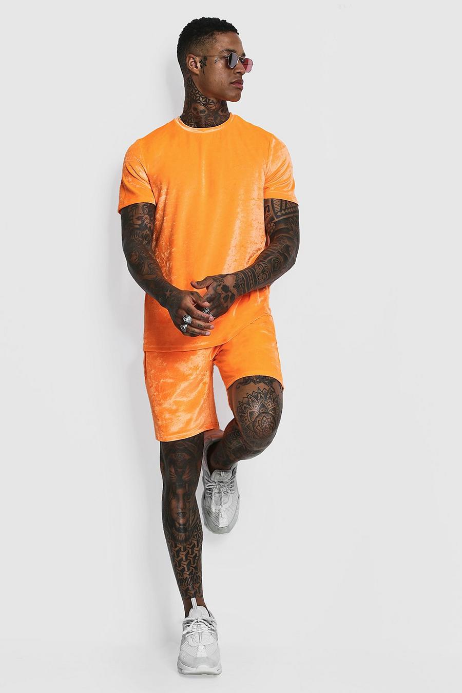 Set aus neonfarbenem Velours-T-Shirt und Shorts mit MAN-Schriftzug, Neon-orange image number 1