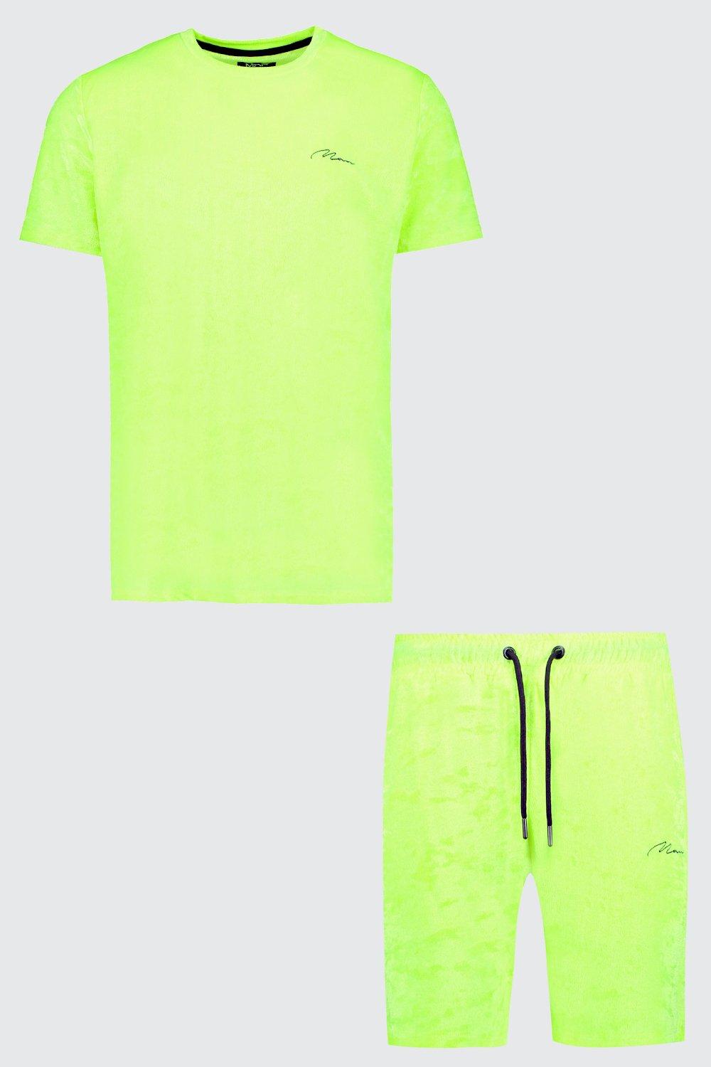 Man Signature Neon Velour T Shirt Short Set