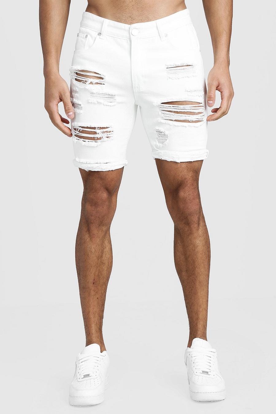 Pantaloncini slim fit in denim a lavaggio acido effetto invecchiato, Bianco image number 1