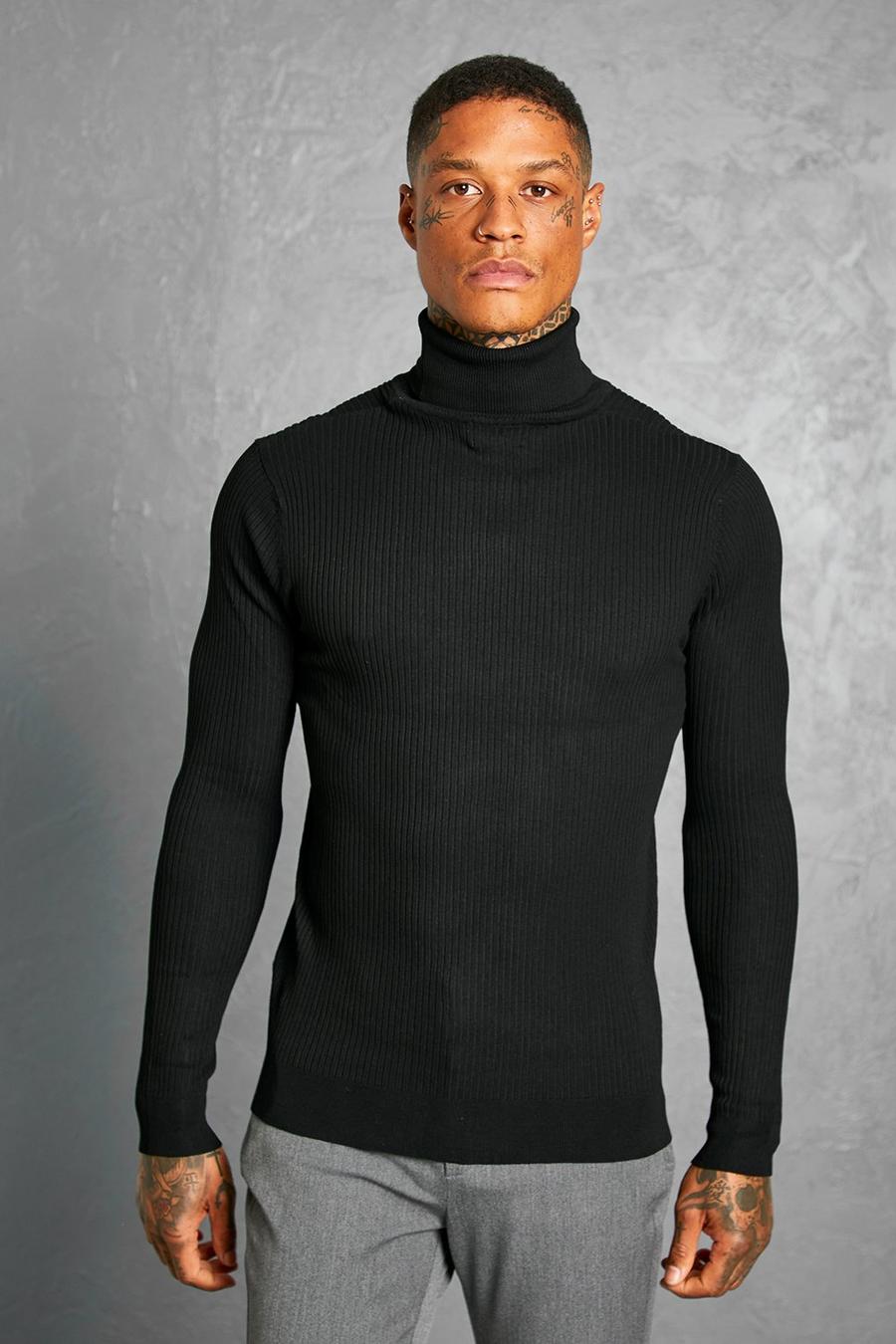 שחור סוודר ארוג מבד ממוחזר בגזרה רגילה עם צווארון נגלל image number 1
