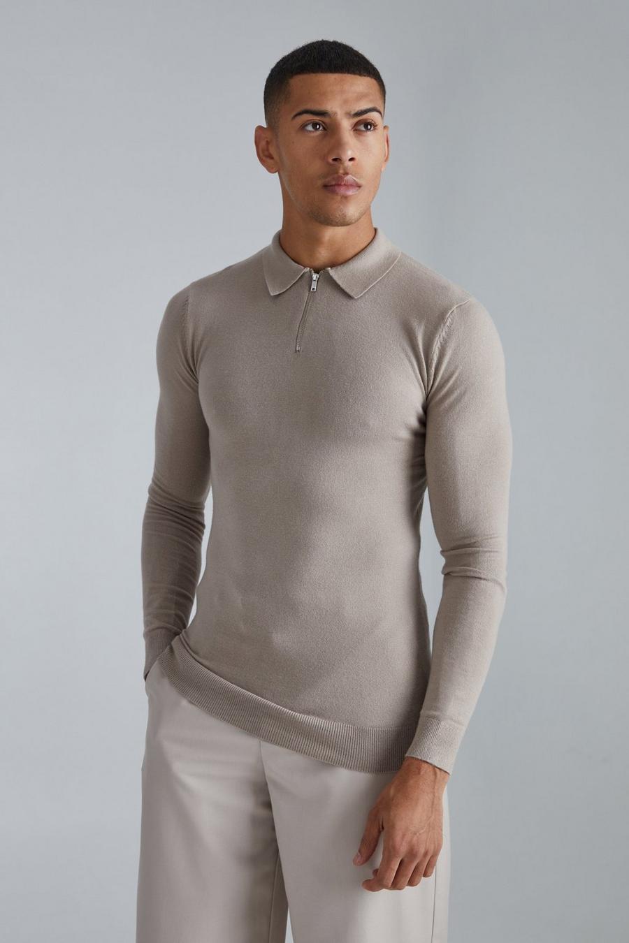 Taupe Muscle Long Sleeve Half Zip Polo image number 1