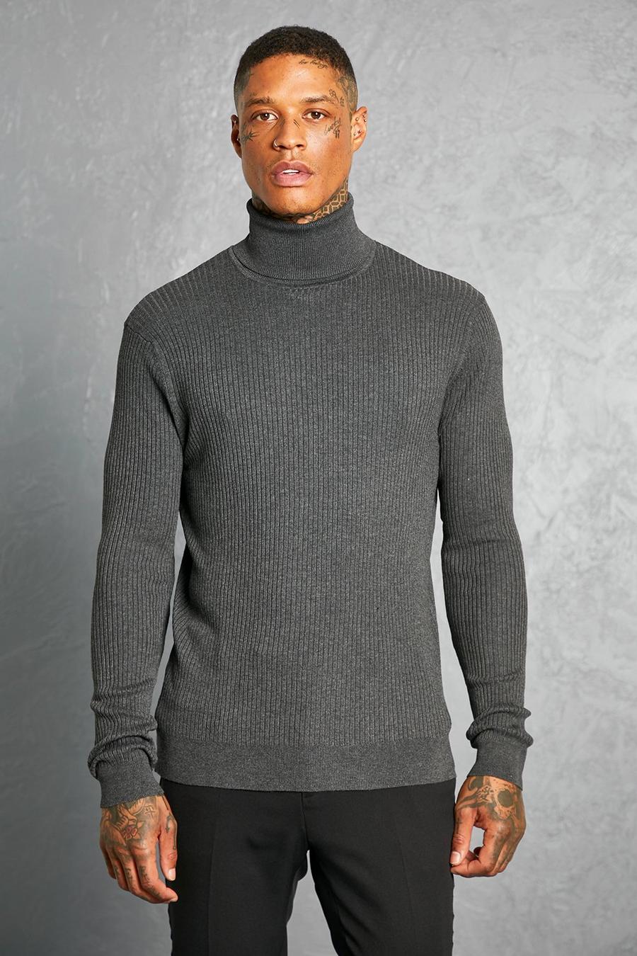 Maglione Regular Fit in fibre riciclate a coste con collo alto morbido, Charcoal grey
