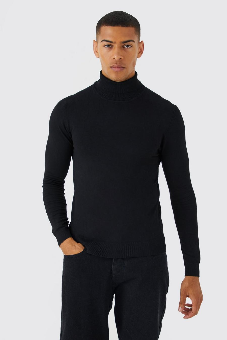 שחור סוודר בגזרה צמודה מבד ממוחזר עם צווארון נגלל image number 1