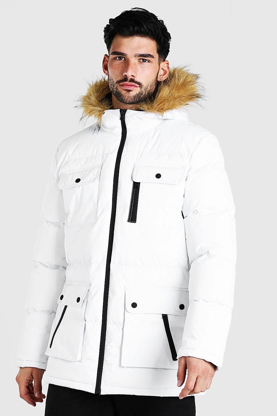 White Multi Pocket Quilted Parka With Faux Fur Hood image number 1