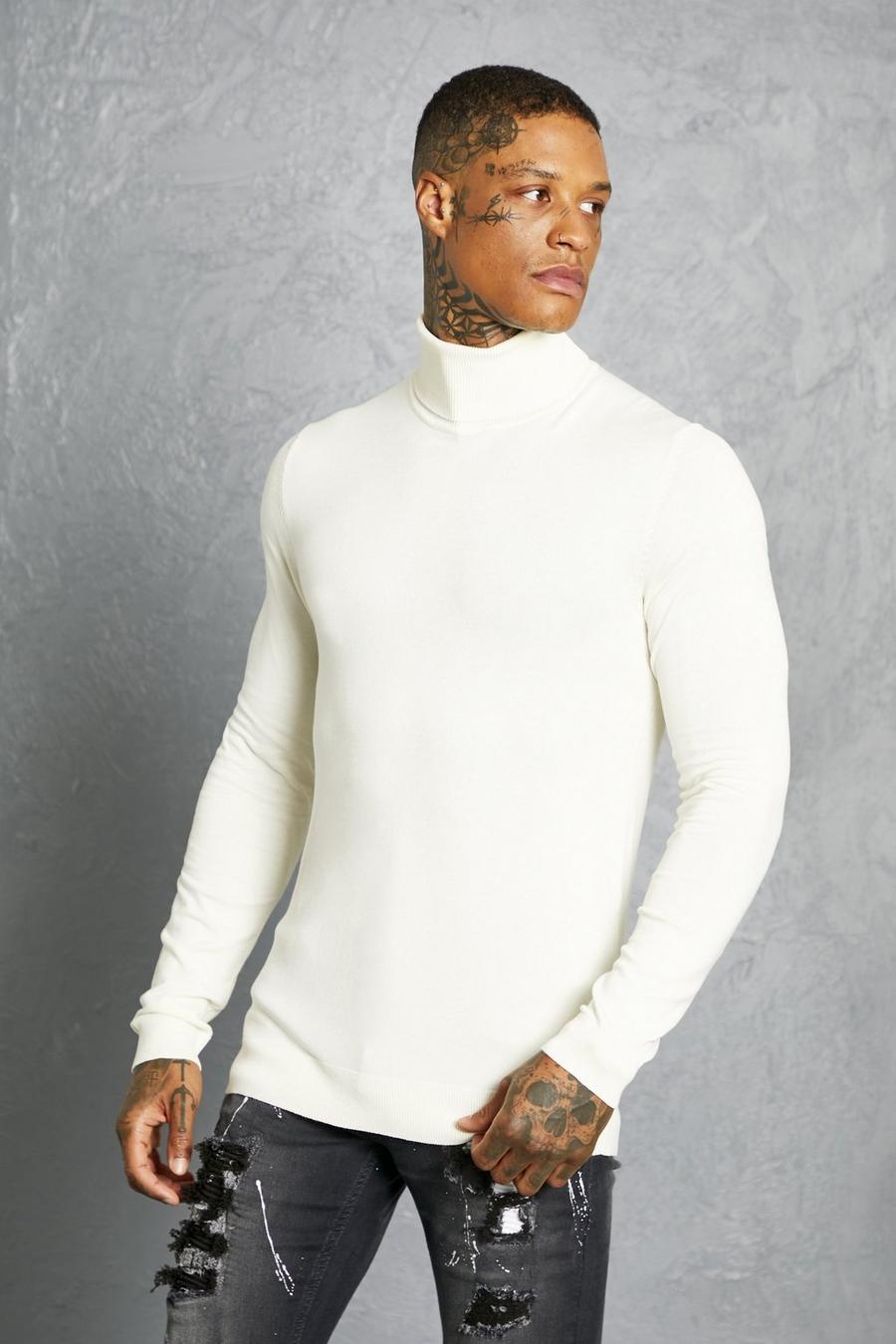 Cream Muscle Roll Neck Jumper image number 1