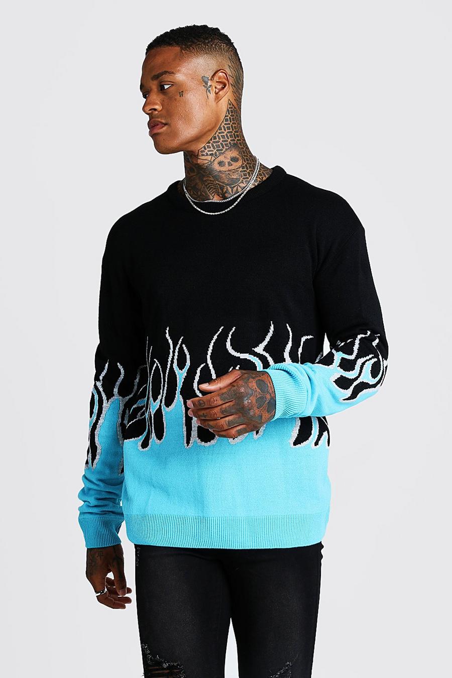 Blue Loose Fit Knitted Jumper With Flames image number 1