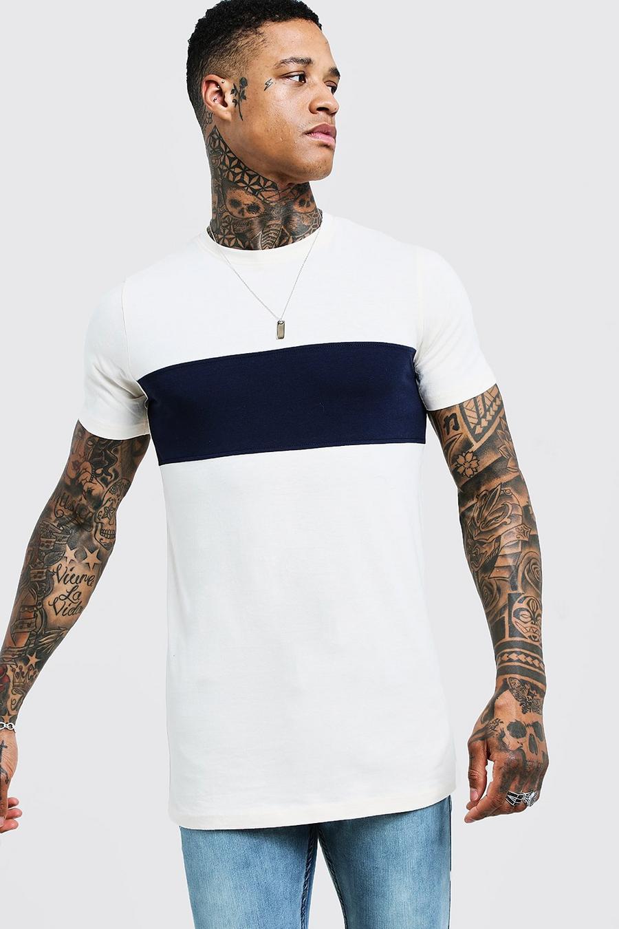 Navy Muscle Fit Longline Colour Block Tee image number 1