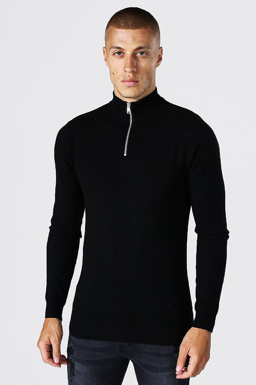Black Recycled Muscle Funnel Neck Half Zip Jumper