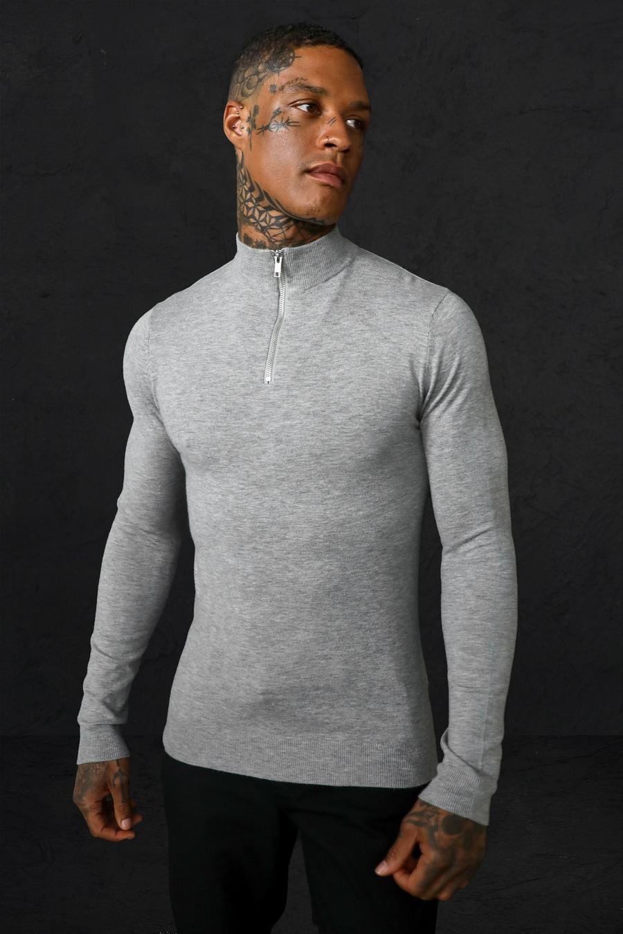 Grey marl Stickad tröja i muscle fit med kort dragkedja image number 1