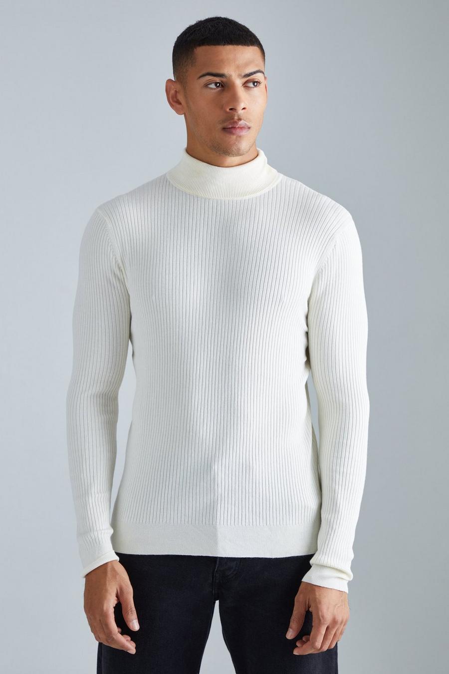 Ecru white Muscle Roll Neck Ribbed Jumper