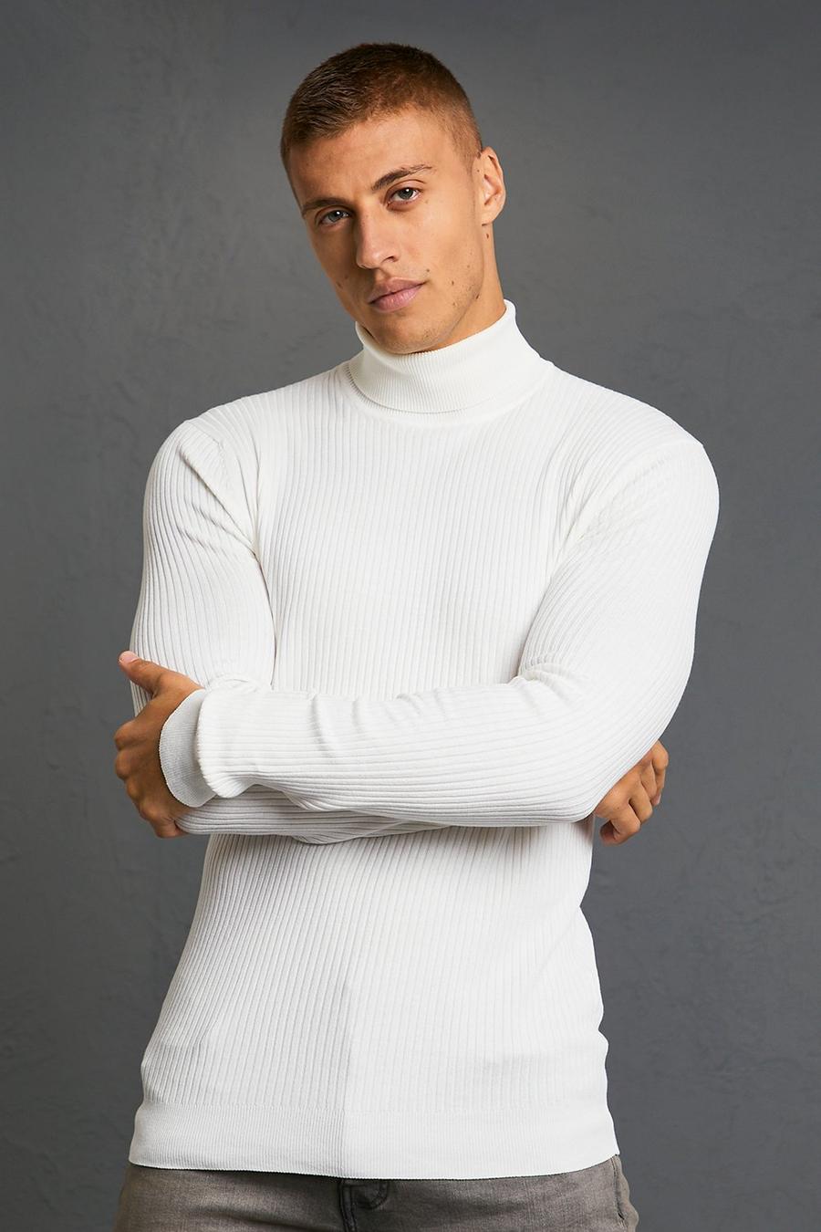 Recycelter gerippter Muscle-Pullover mit Rollkragen, White blanc
