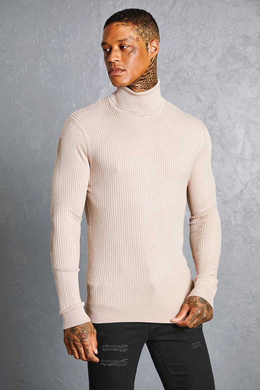 Taupe Muscle Roll Neck Ribbed Jumper image number 1