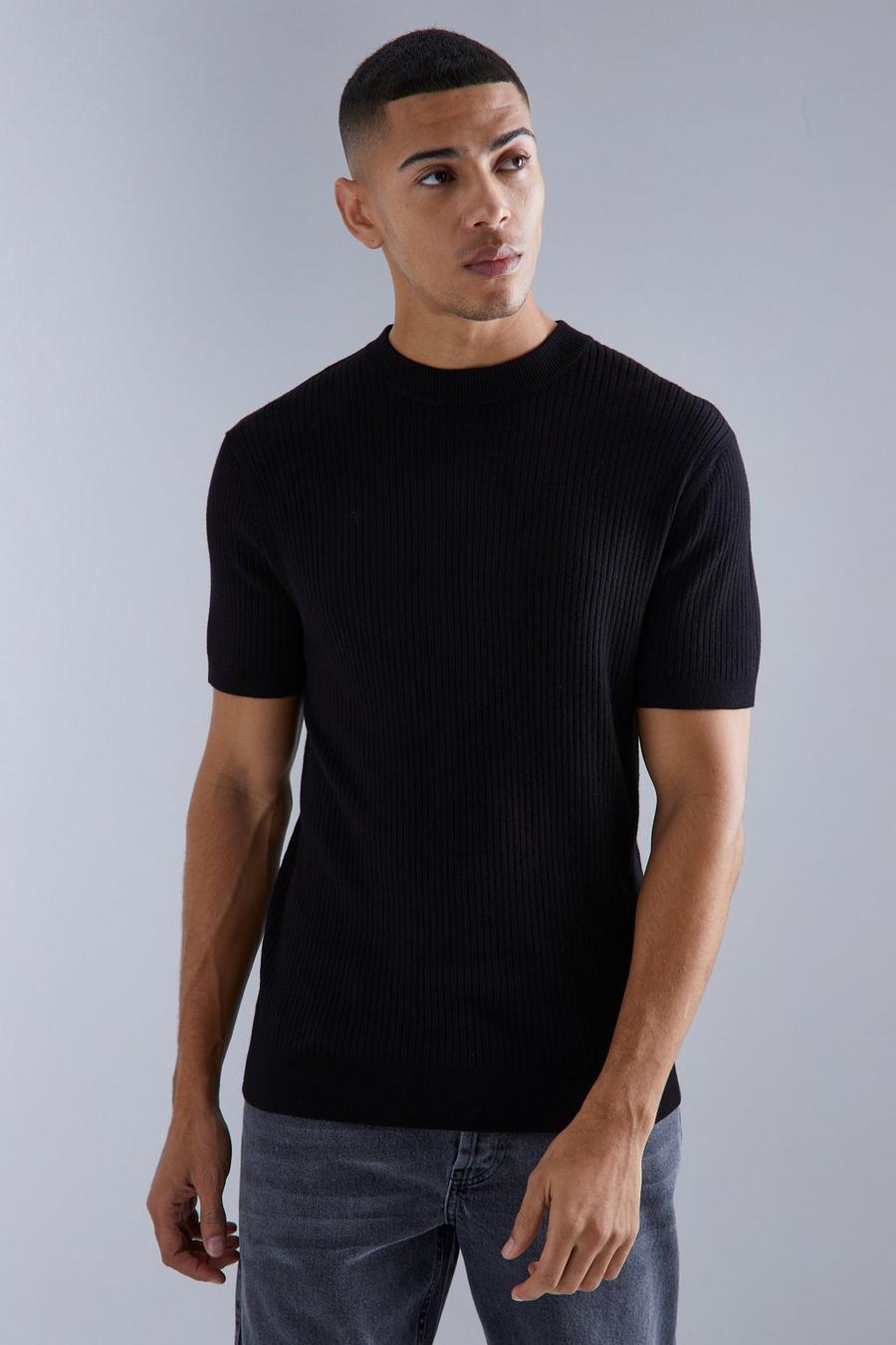 Black Short Sleeve Turtle Neck Rib Knitted T-shirt