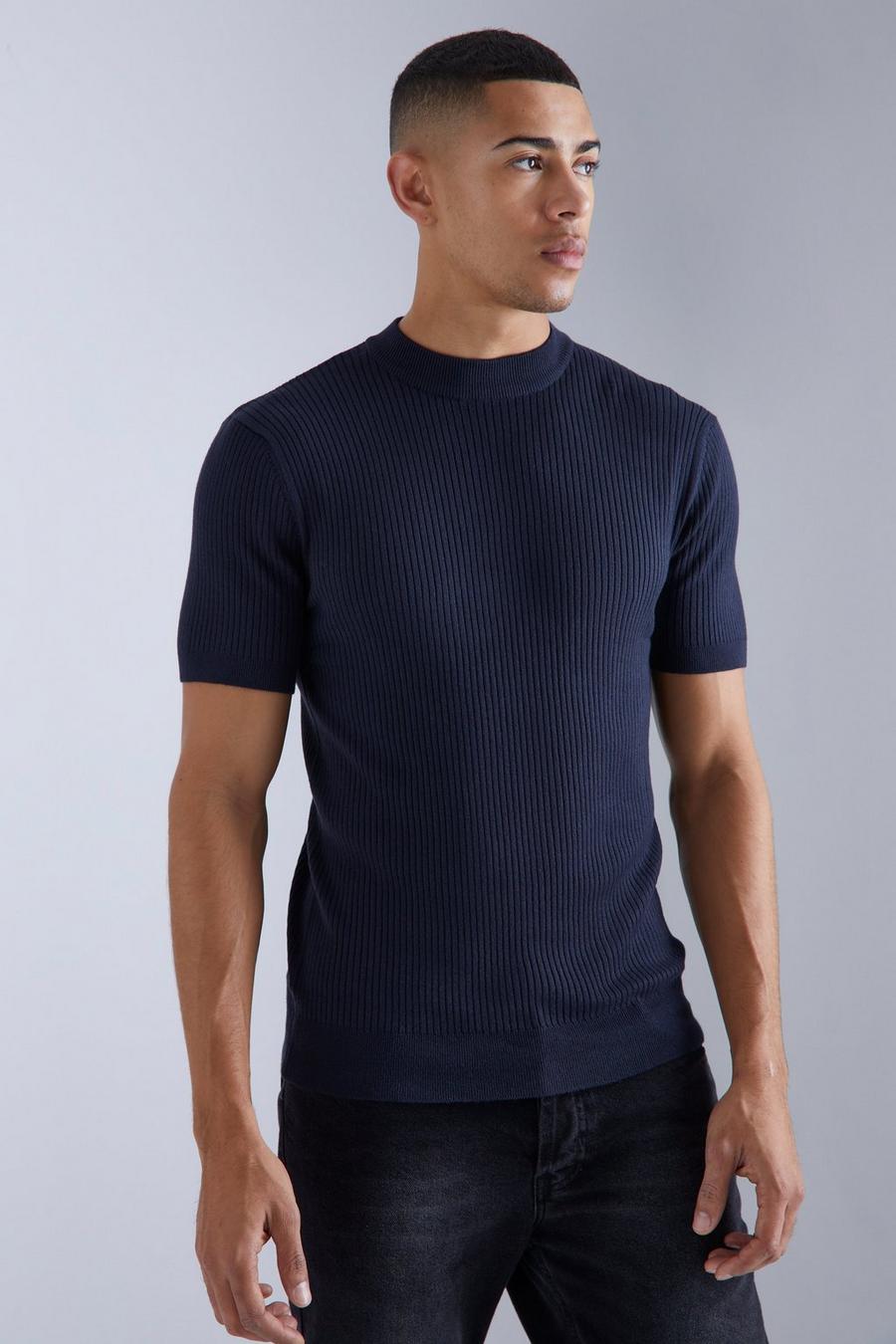 Navy Short Sleeve Turtle Neck Rib Knitted T-shirt