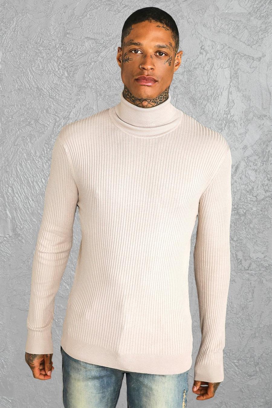 Taupe beige Recycled Regular Roll Neck Ribbed Jumper
