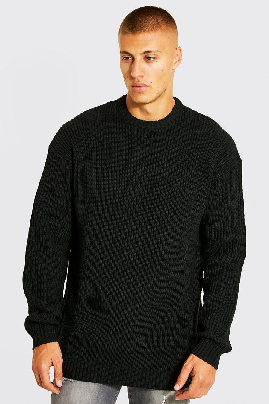 Black סוודר אוברסייז סרוג בסגנון דייגים מחומרים  image number 1