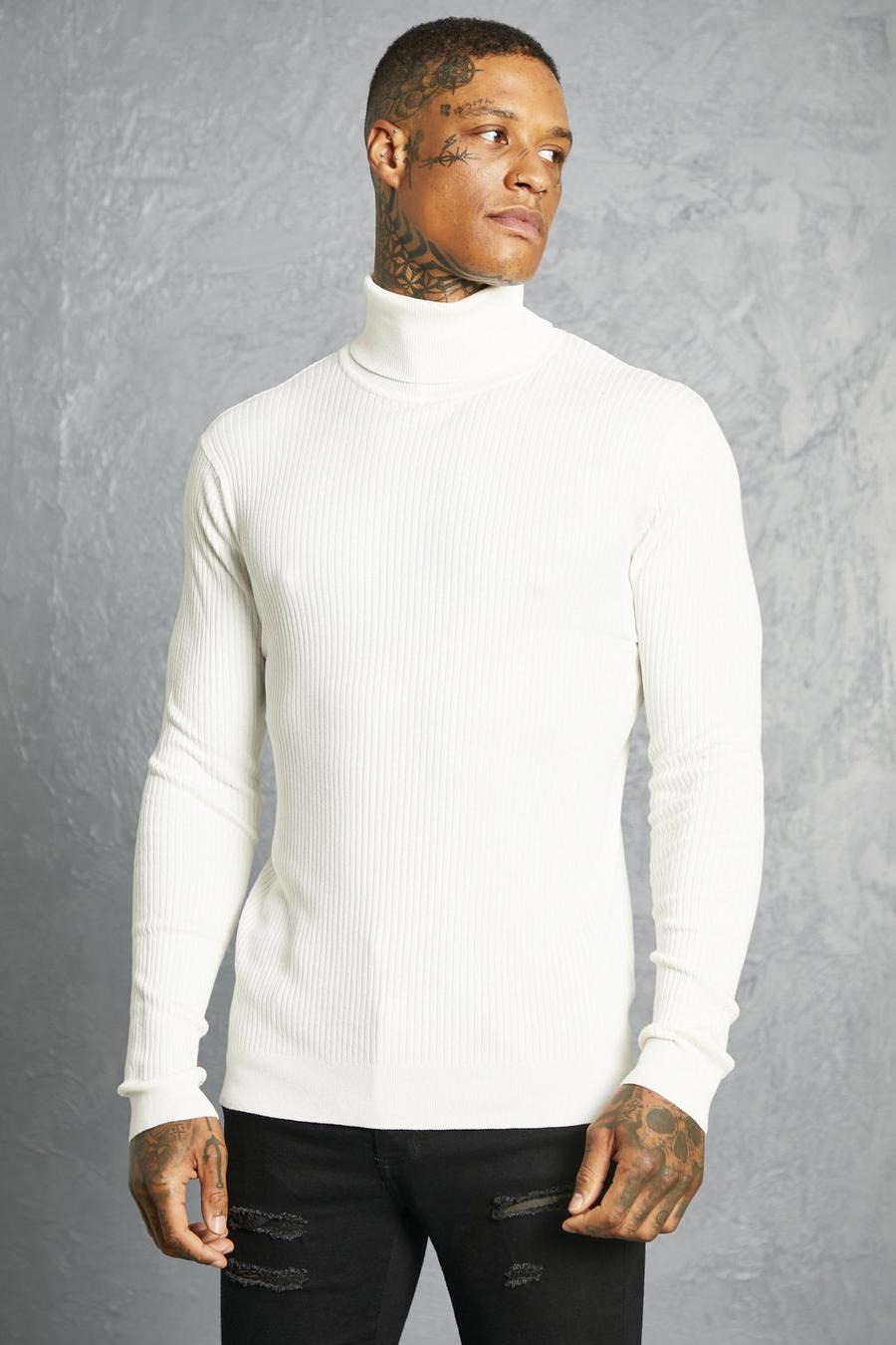 לבן סוודר ארוג מבד ממוחזר בגזרה רגילה עם צווארון נגלל image number 1