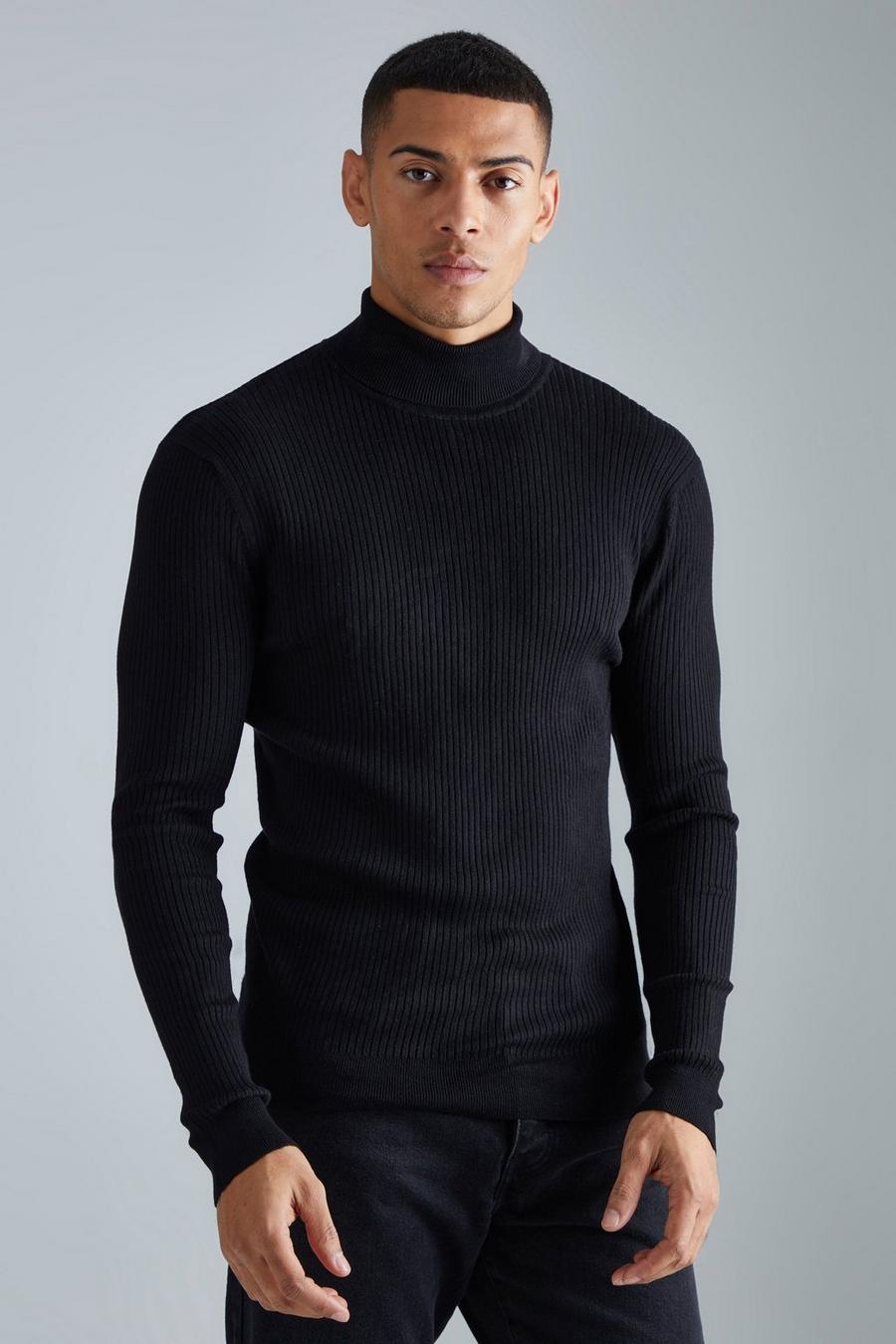 שחור סוודר ארוג בגזרה צמודה מבד ממוחזר עם צווארון נגלל image number 1