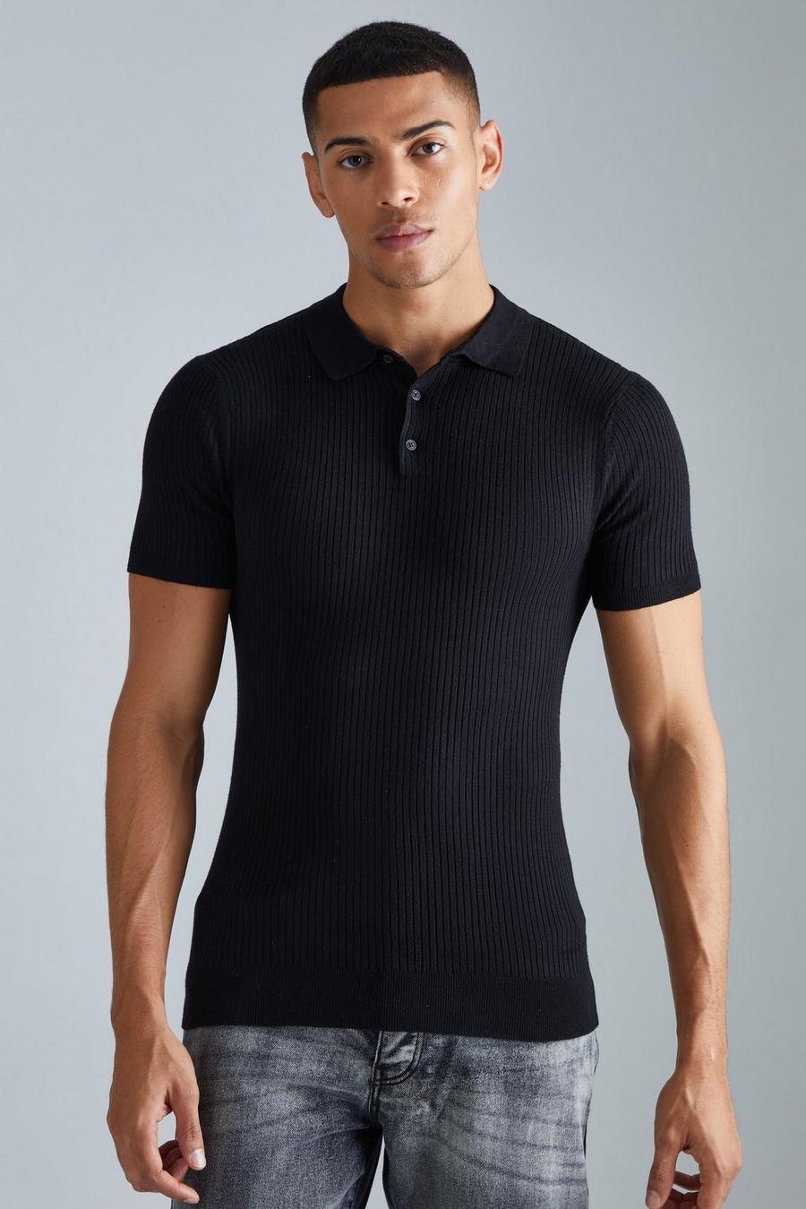 Black Muscle Short Sleeve Ribbed Polo