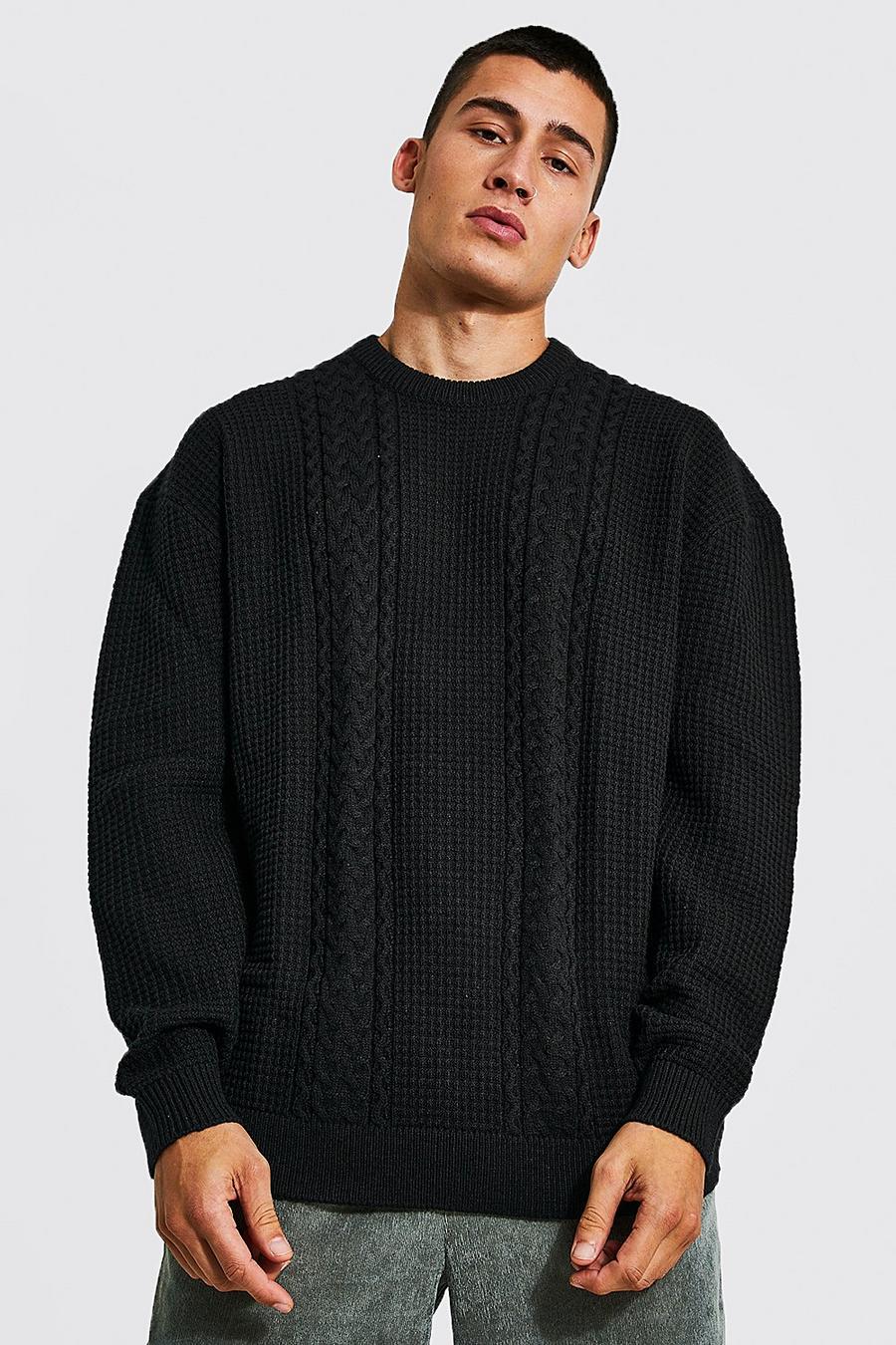 Black Oversized Crew Neck Cable Jumper image number 1